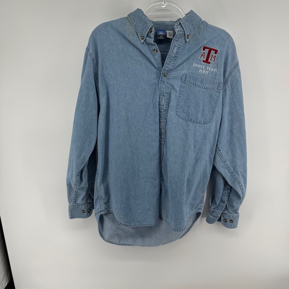 Port & Company Light Wash Denim‎ Shirt TAMU Dance Team Mom Embroidered Size M
